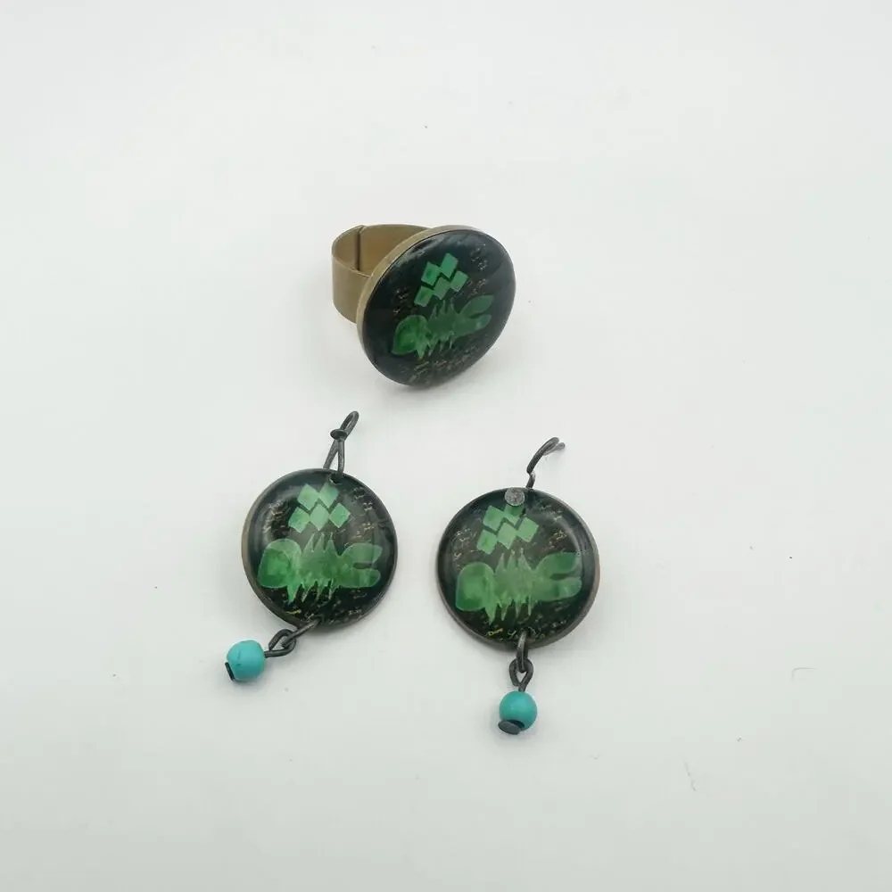 Artisan Jewelry Set Black Green Boho Jewelry Adjustable Ring Earring Lot of 2